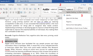 The styles pane in Word, showing the option to update a style to match text formatting