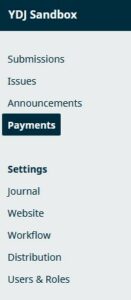 The Payments link appears after the links for Submissions, Issues, and Announcements.